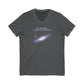 Gray v-neck t-shirt with graphic of the Milky Way galaxy with an arrow pointing to it and text that says "YOU ARE HERE - Paying taxes to pedophiles" by empowHER by Heidi