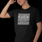 Simple black and white t-shirt with the words "f*ck fascism" against a black and white striped square