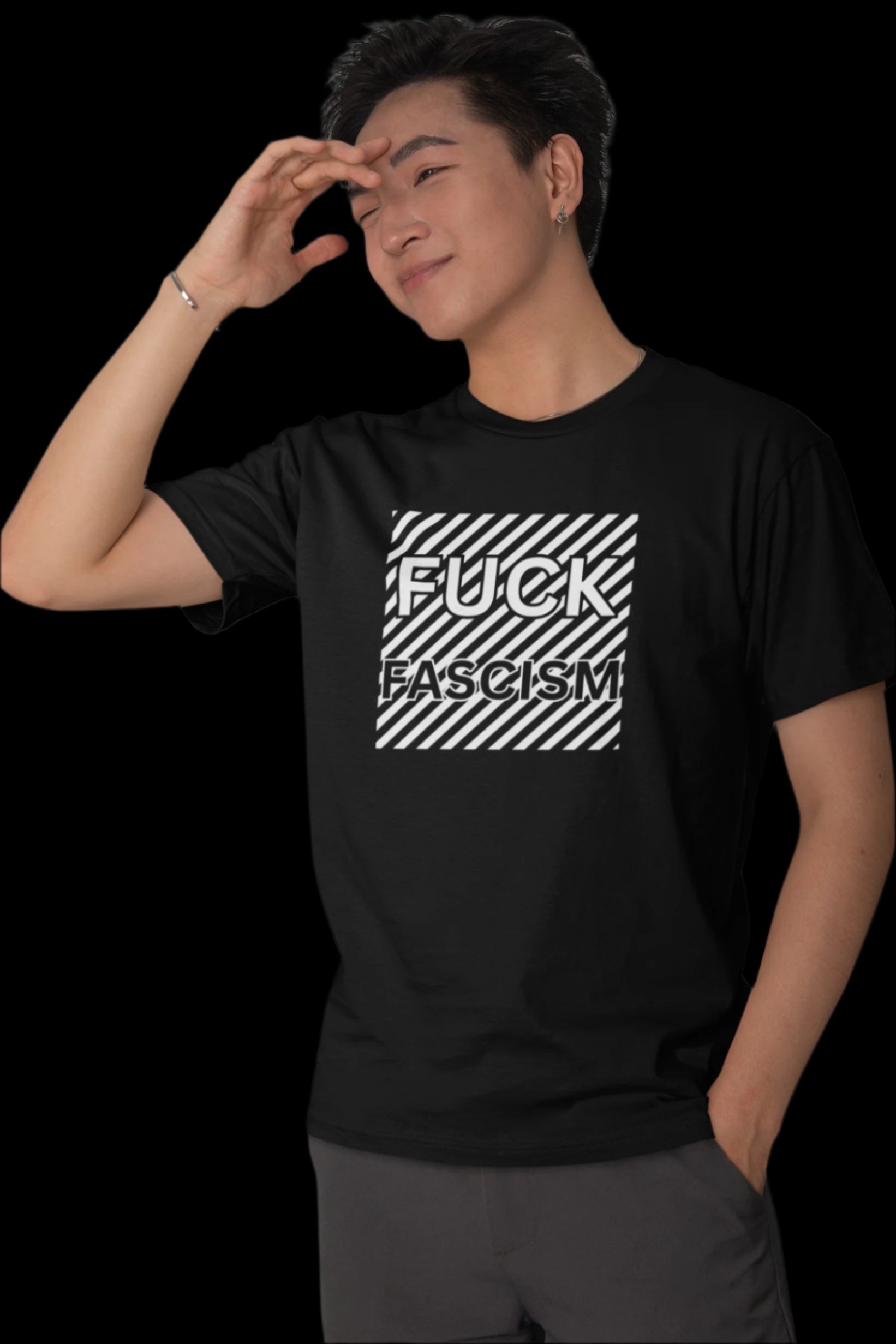 Simple black and white t-shirt with the words "f*ck fascism" against a black and white striped square