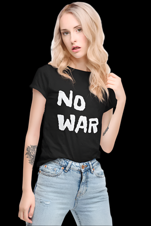 Woman wearing a black t-shirt with 'NO WAR' text on a plain background | empowHER by Heidi