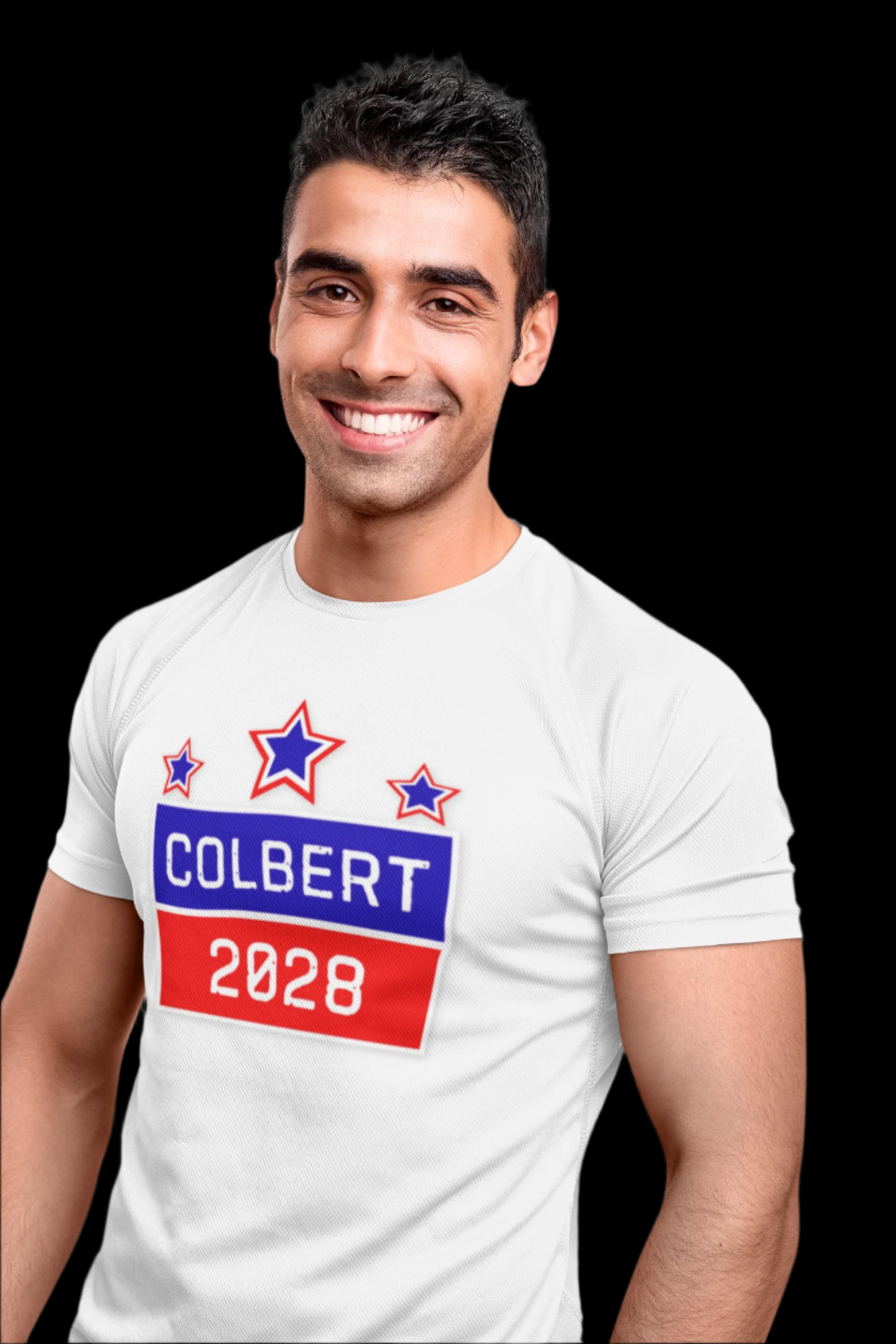 Man wearing a white t-shirt with 'Colbert 2028' design on a black background