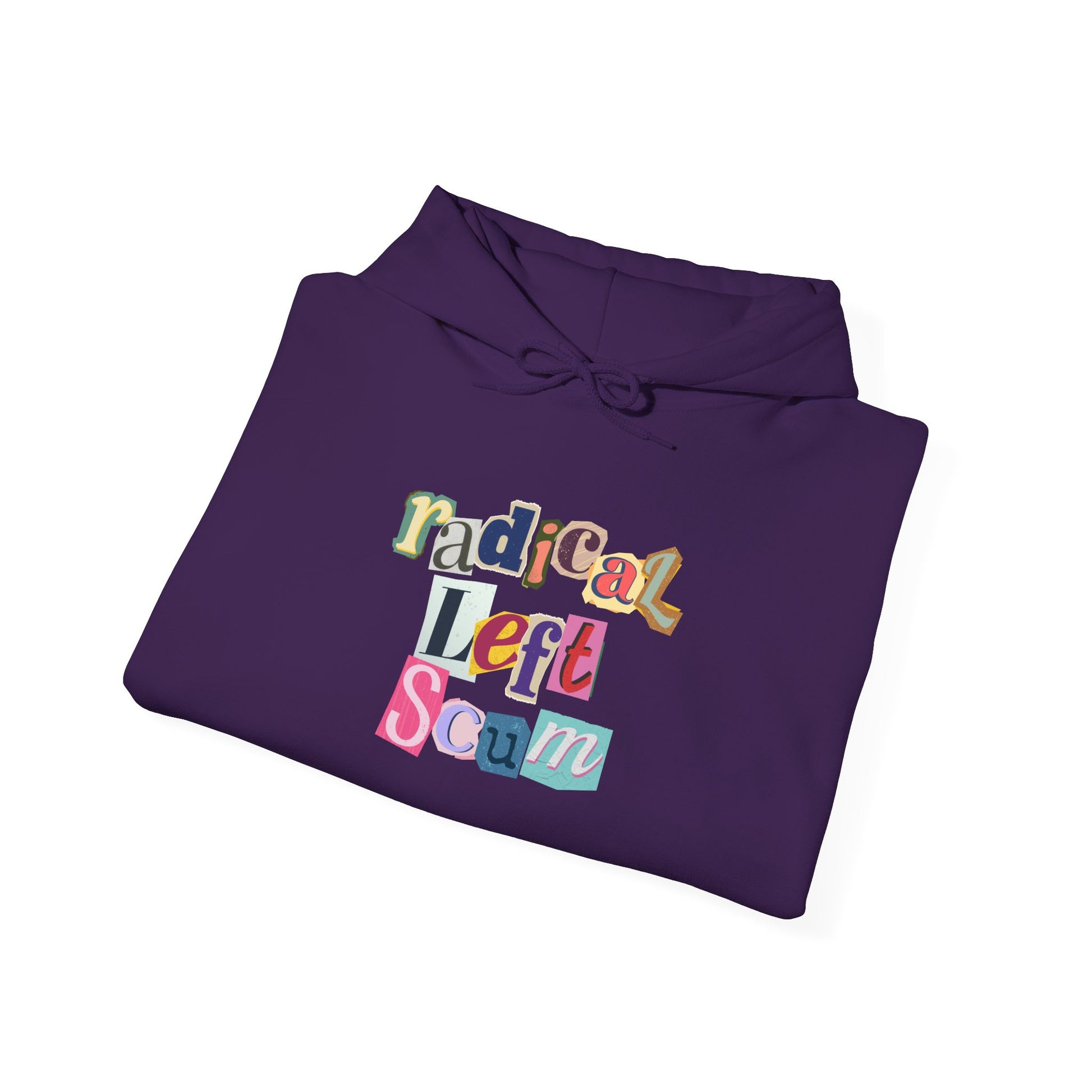 Folded purple hoodie with colorful text "radical left scum" design by empowHER by Heidi