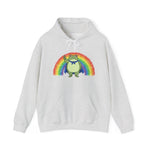 Gray hoodie with the Portland protest frog and Pride rainbow design by empowHER by Heidi
