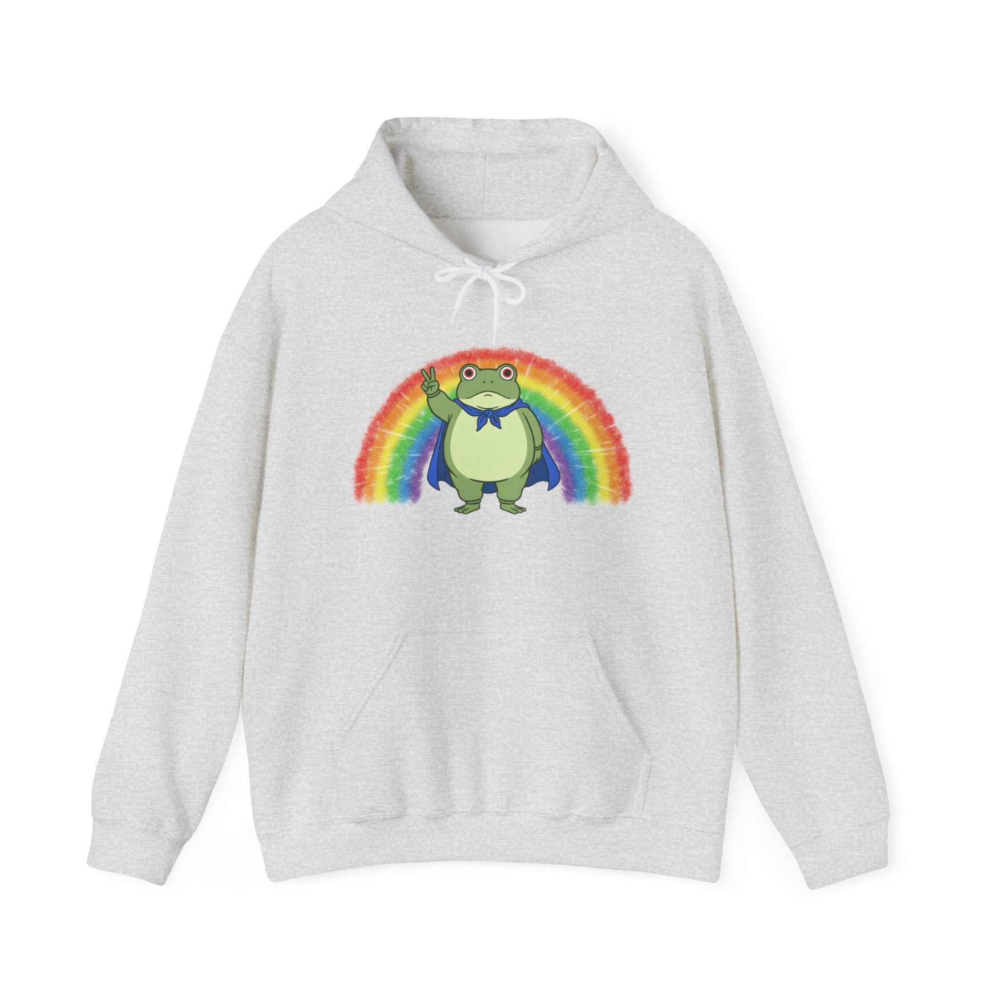 Gray hoodie with the Portland protest frog and Pride rainbow design by empowHER by Heidi