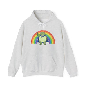 Gray hoodie with the Portland protest frog and Pride rainbow design by empowHER by Heidi