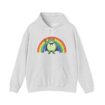 Gray hoodie with the Portland protest frog and Pride rainbow design by empowHER by Heidi