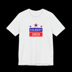 Ash t-shirt with 'Colbert 2028' text and design on a black background
