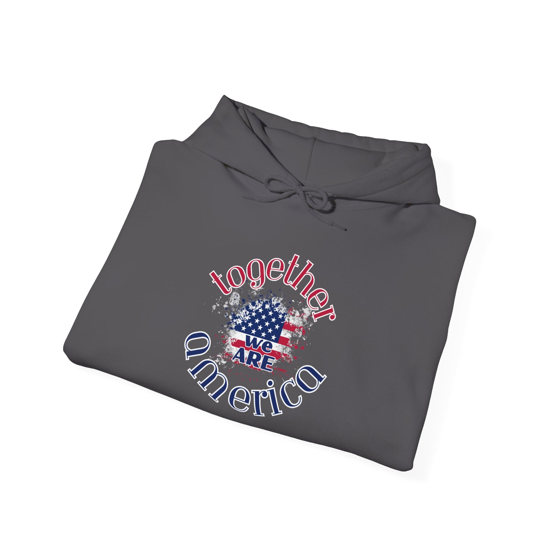 Folded gray hoodie with 'Together We Are America' text and flag design by empowHER by Heidi