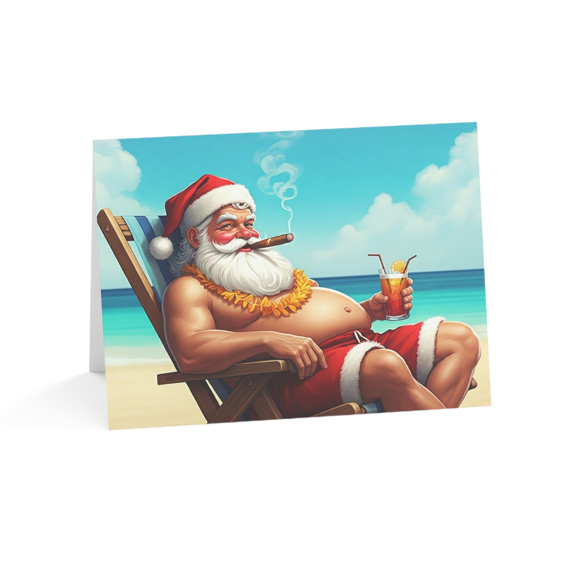 Card with a cartoon Santa Claus lounging on a beach, smoking a cigar and holding a drink.