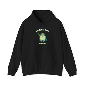 Black hoodie with a graphic of the Portland protest frog and text "radical left scum" by empowHER by Heidi