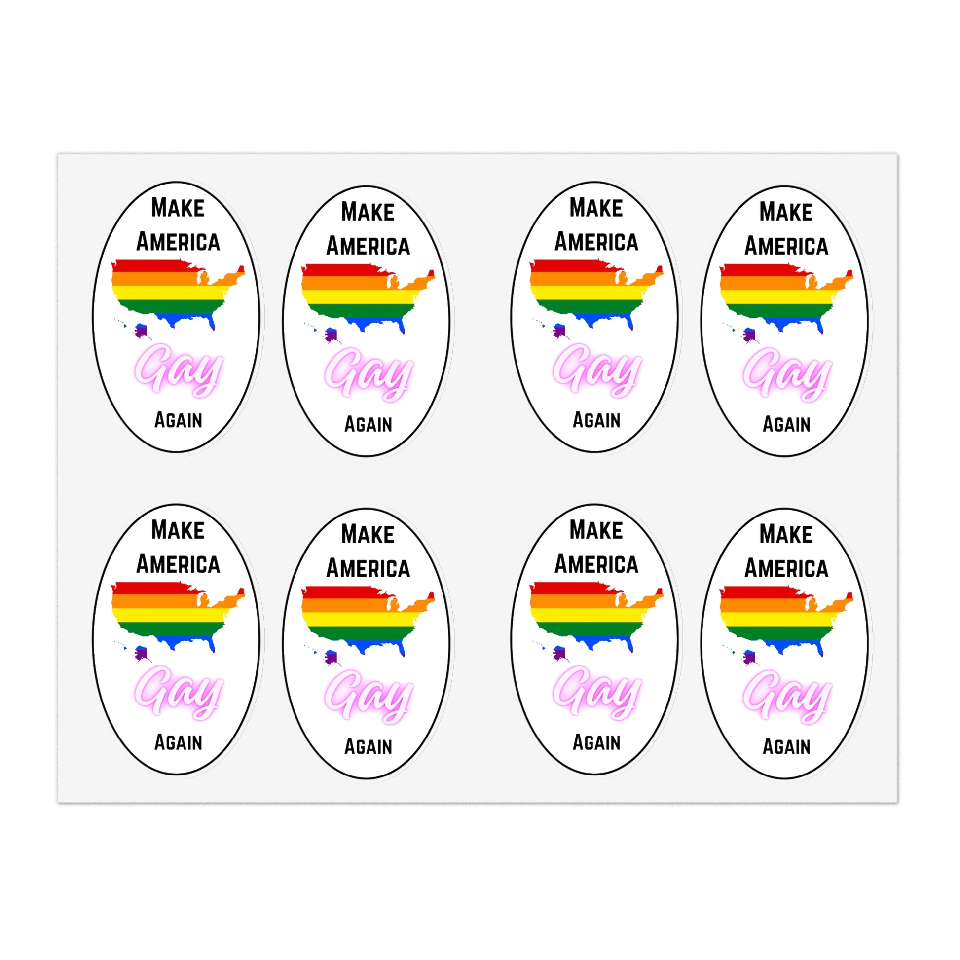 Set of stickers with rainbow-colored United States map and text 'Make America Gay Again' on a white background.