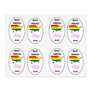 Set of stickers with rainbow-colored United States map and text 'Make America Gay Again' on a white background.