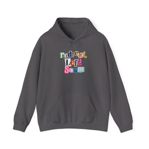 Gray hoodie with colorful text "radical left scum" design by empowHER by Heidi