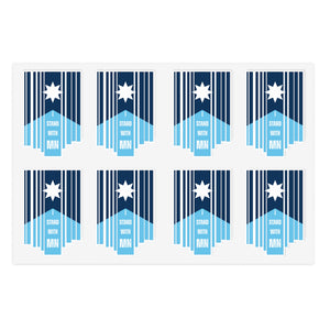 Sheet of blue and white stickers with a Minnesota flag and text "I Stand with MN" by empowHER by Heidi