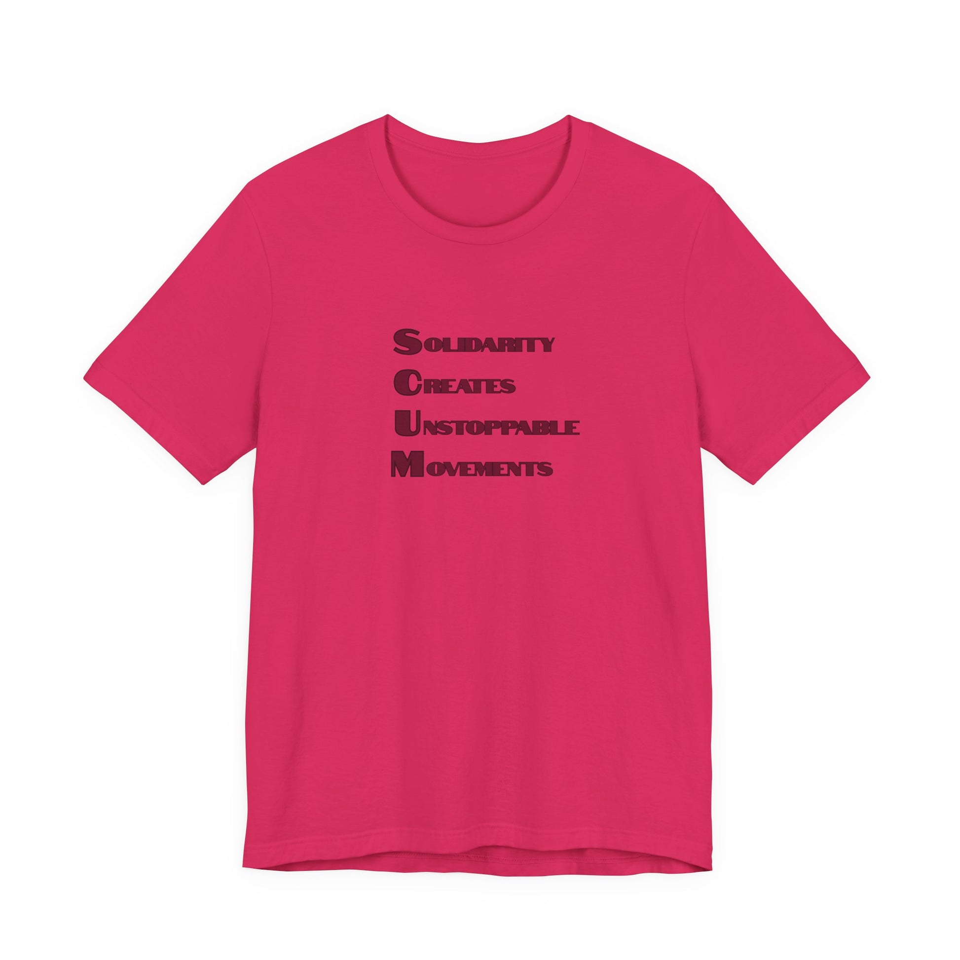Pink t-shirt with blue text 'Solidarity Creates Unstoppable Movements' by empowHER by Heidi