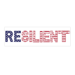Bumper sticker with the word 'RESILIENT' in American flag design on a white background