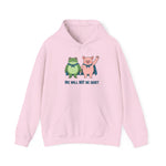 Light pink hoodie with cartoon frog and pig characters holding hands and text 'WE WILL NOT BE QUIET' on a white background by empowHER by Heidi | protest wear