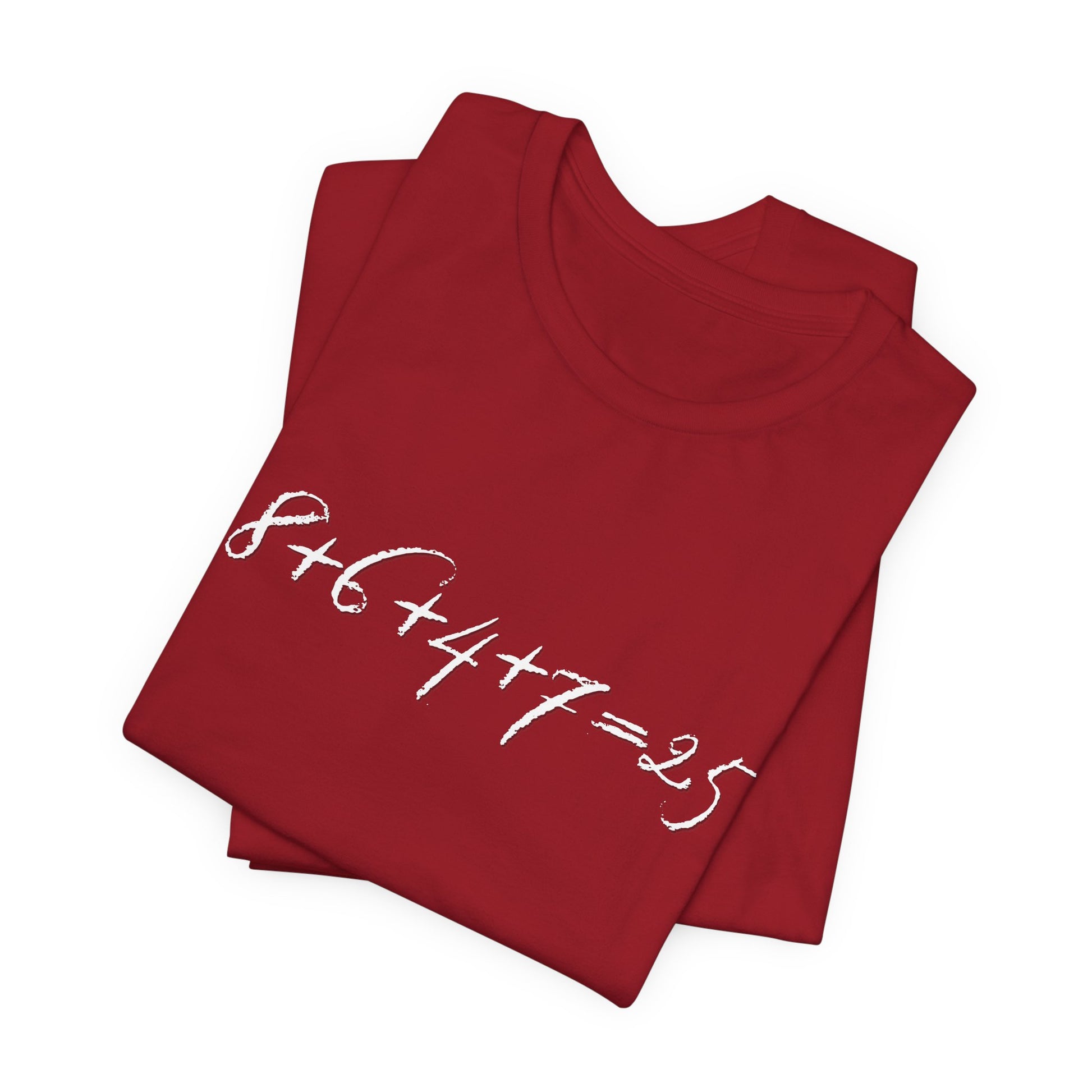 Folded red t-shirt with the mathematical equation "8+6+4+7=25" written in chalk like text by empowHER by Heidi