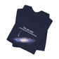 Folded navy blue t-shirt with graphic of the Milky Way galaxy with an arrow pointing to it and text that says "YOU ARE HERE - Paying taxes to pedophiles" by empowHER by Heidi