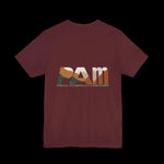 Maroon  t-shirt with 'PAM' logo "Peak American Mischief" on the back against a black background