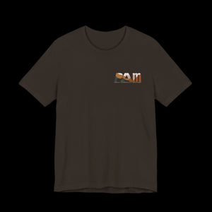 Brown  t-shirt with 'PAM' logo on left chest "Peak American Mischief" against a black background