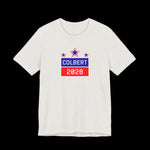 Heather cement t-shirt with 'Colbert 2028' text and star graphics on a black background