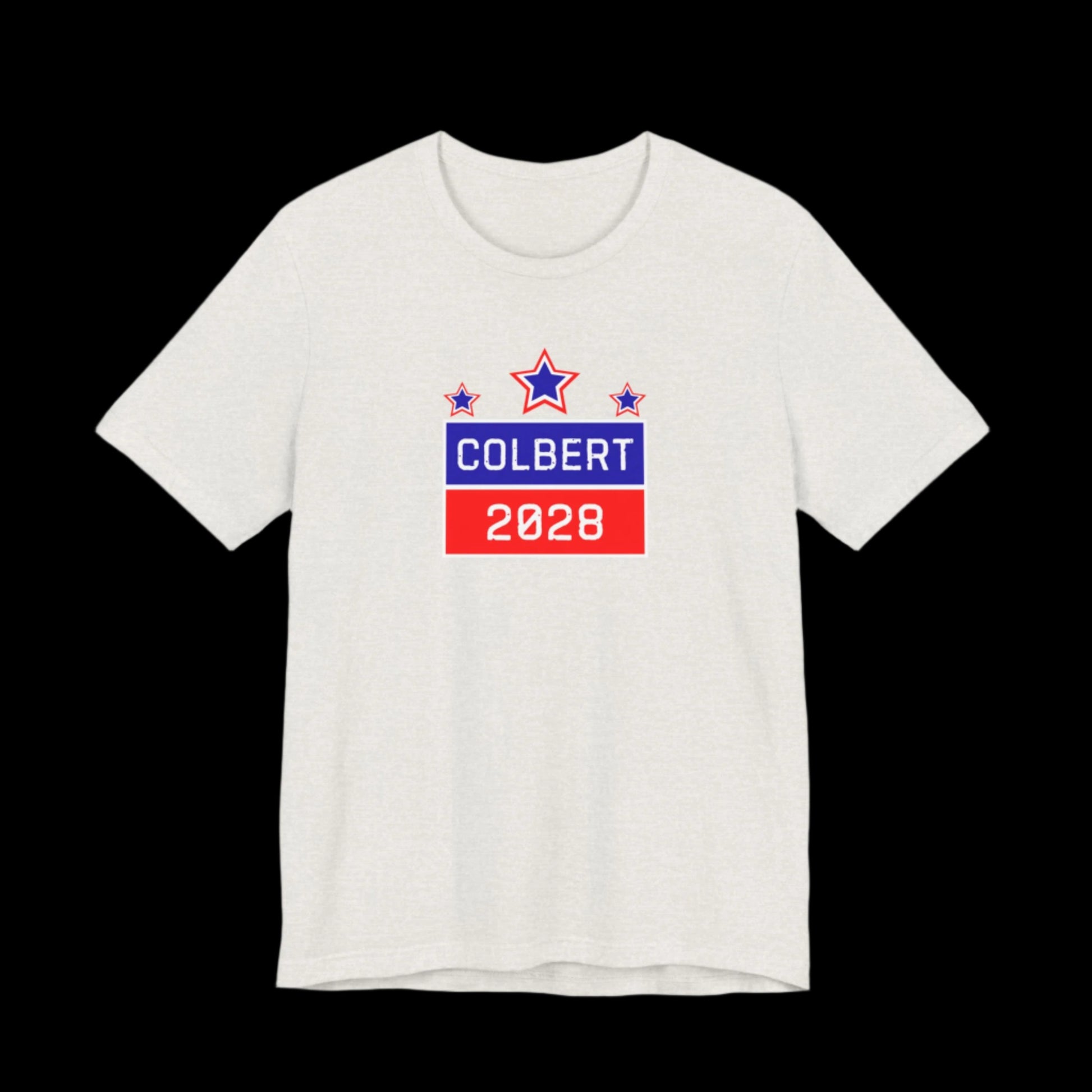 Heather cement t-shirt with 'Colbert 2028' text and star graphics on a black background