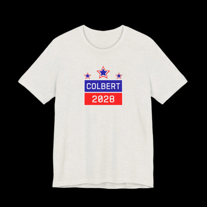 Heather cement t-shirt with 'Colbert 2028' text and star graphics on a black background