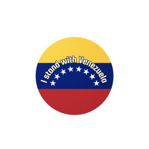 Round sticker with Venezuelan flag design and 'I stand with Venezuela' text on a white background