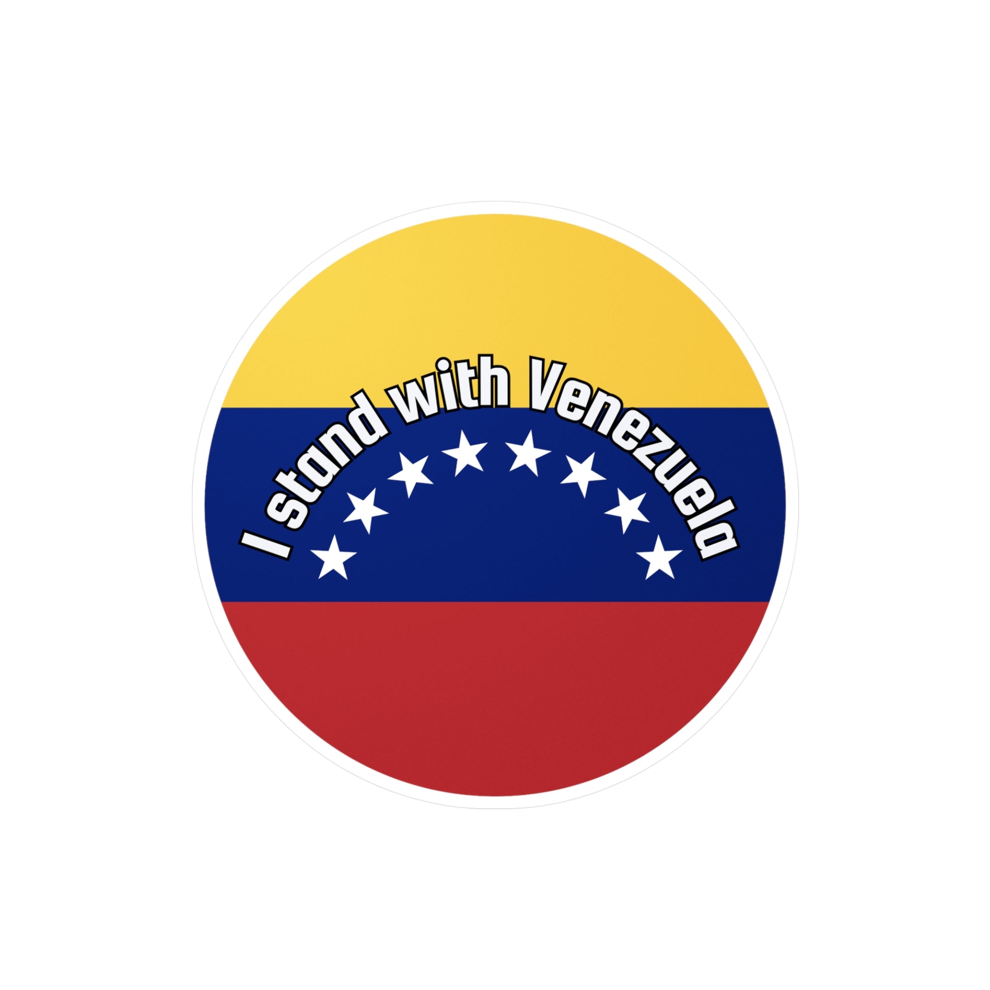Round sticker with Venezuelan flag design and 'I stand with Venezuela' text on a white background
