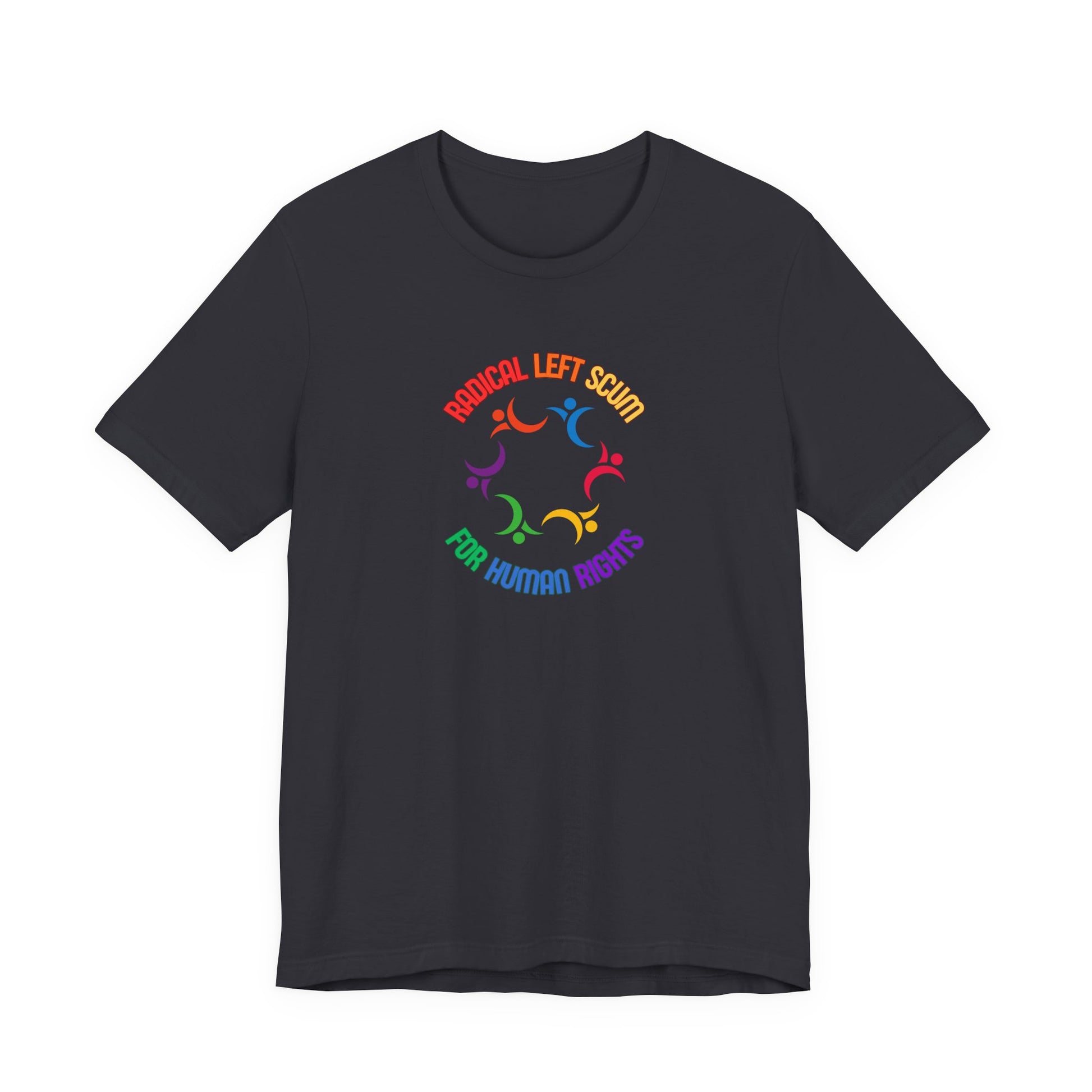 Black t-shirt with colorful graphic design and text "Radical left scum for human rights" by empowHER by Heidi
