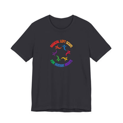 Black t-shirt with colorful graphic design and text "Radical left scum for human rights" by empowHER by Heidi