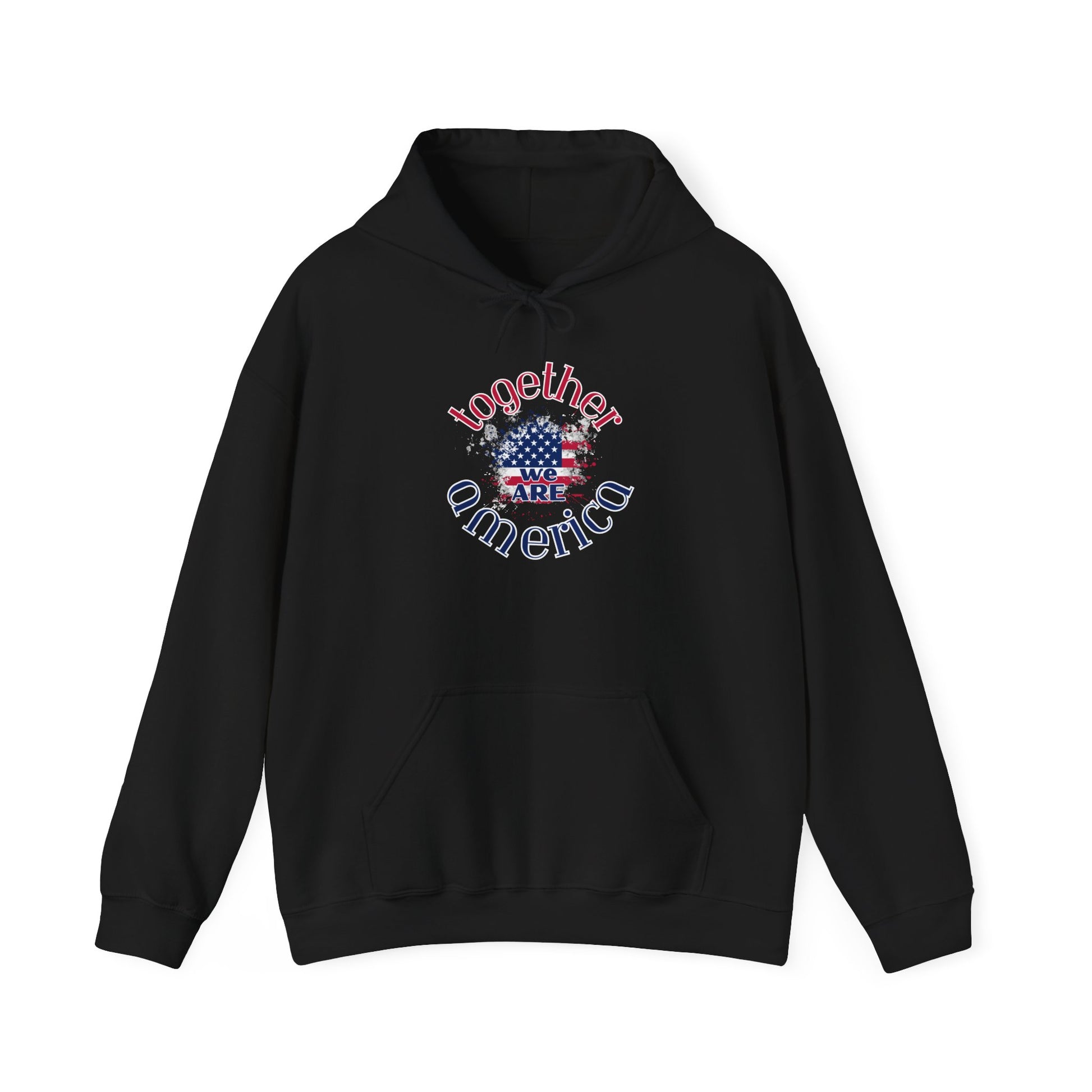 Black hoodie with 'Together We Are America' text and flag design by empowHER by Heidi