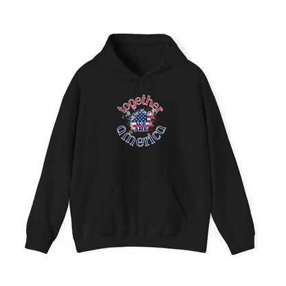 Black hoodie with 'Together We Are America' text and flag design by empowHER by Heidi