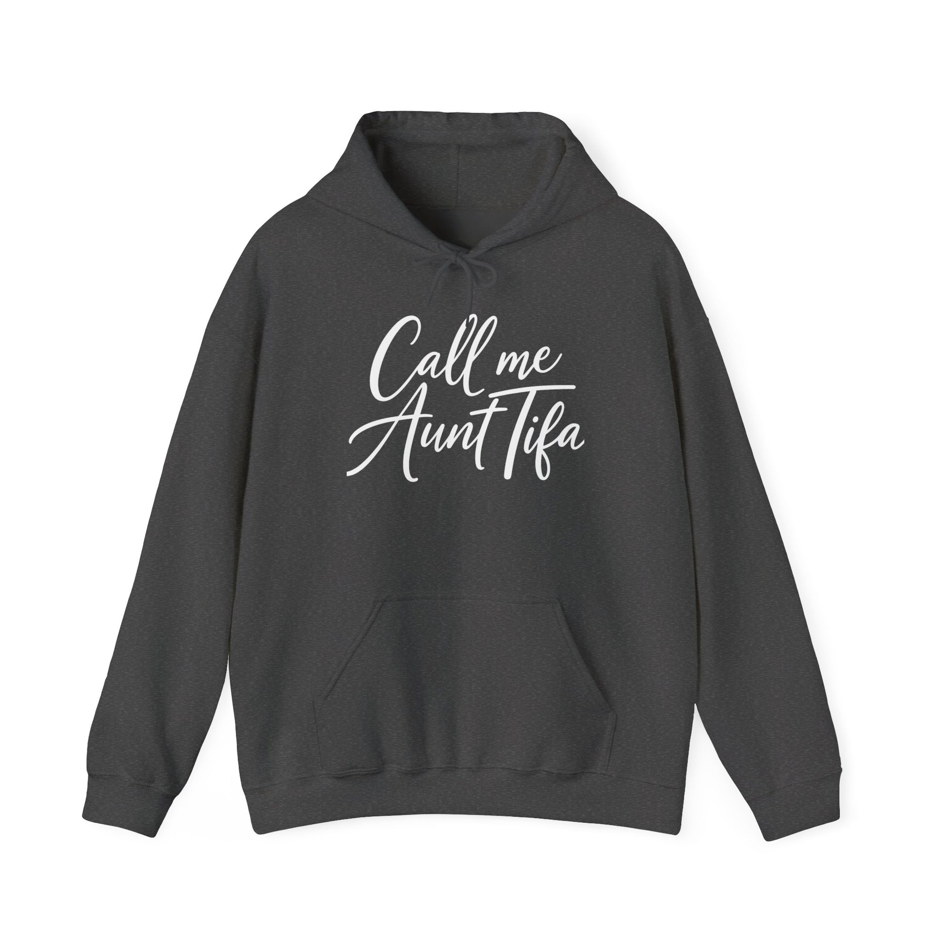 Dark gray hoodie with 'Call me Aunt Tifa' text – empowHER by Heidi political protest apparel