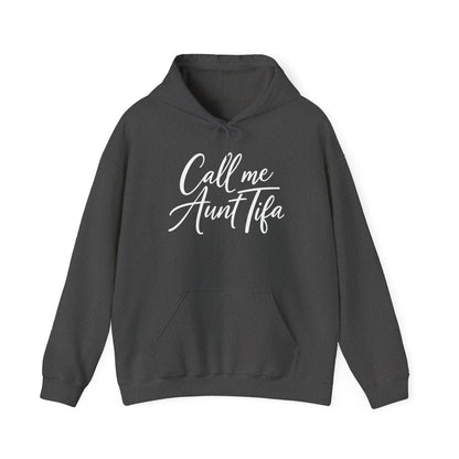 Dark gray hoodie with 'Call me Aunt Tifa' text – empowHER by Heidi political protest apparel