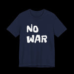Navy blue t-shirt with 'NO WAR' text 