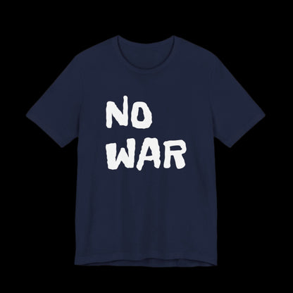 Navy blue t-shirt with 'NO WAR' text 