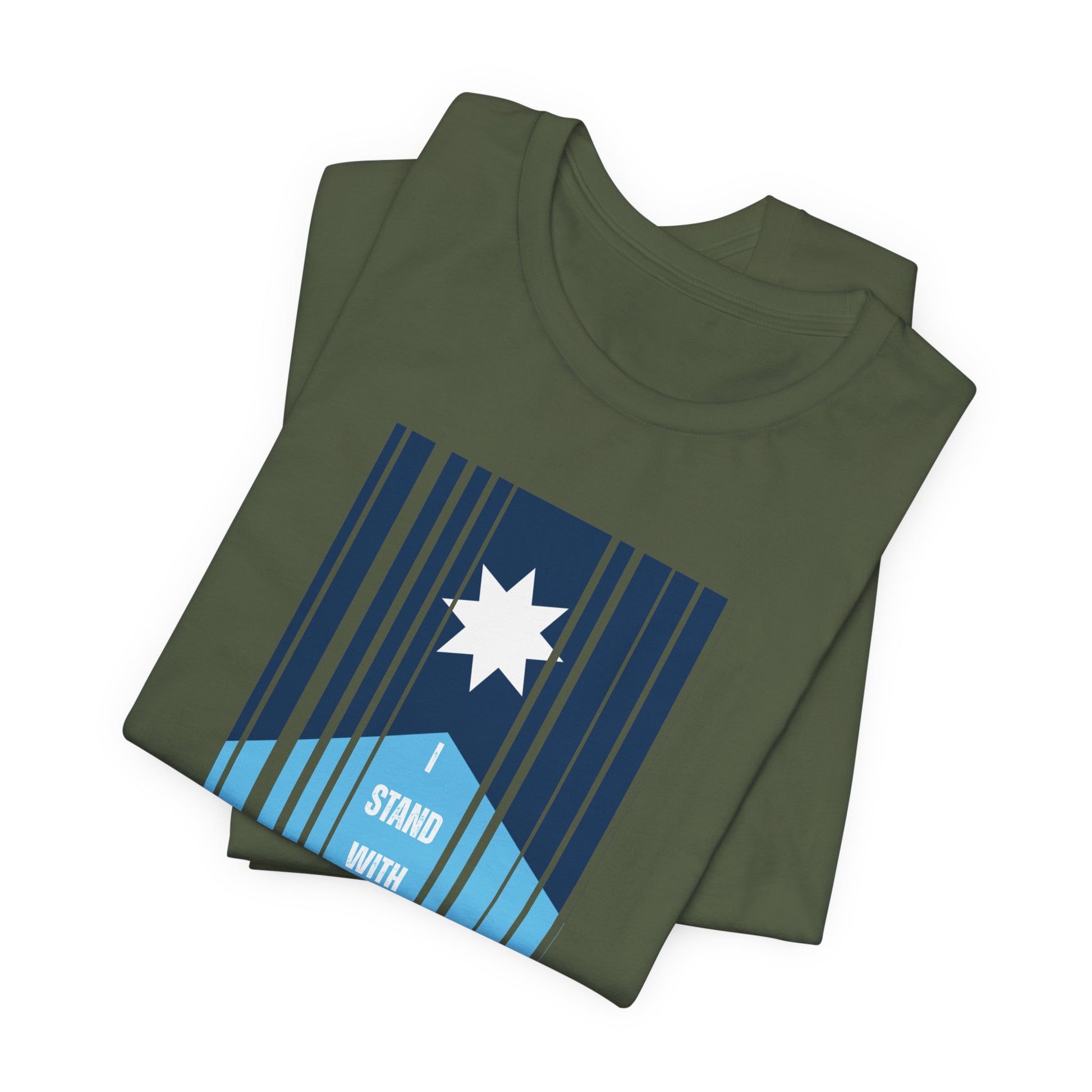 Folded green t-shirt with a stylized Minnesota flag and text "I Stand with MN" by empowHER by Heidi
