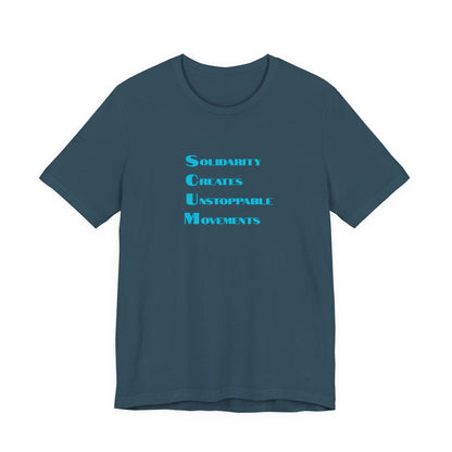 Deep teal t-shirt with blue text 'Solidarity Creates Unstoppable Movements' by empowHER by Heidi
