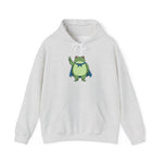 Light gray fleece hoodie with a bold graphic of the Portland protest frog—red eyes, blue cape, and unimpressed face by empowHERbyHeidi