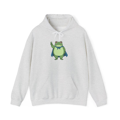 Light gray fleece hoodie with a bold graphic of the Portland protest frog—red eyes, blue cape, and unimpressed face by empowHERbyHeidi