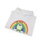 Folded gray hoodie with the Portland protest frog and Pride rainbow design by empowHER by Heidi