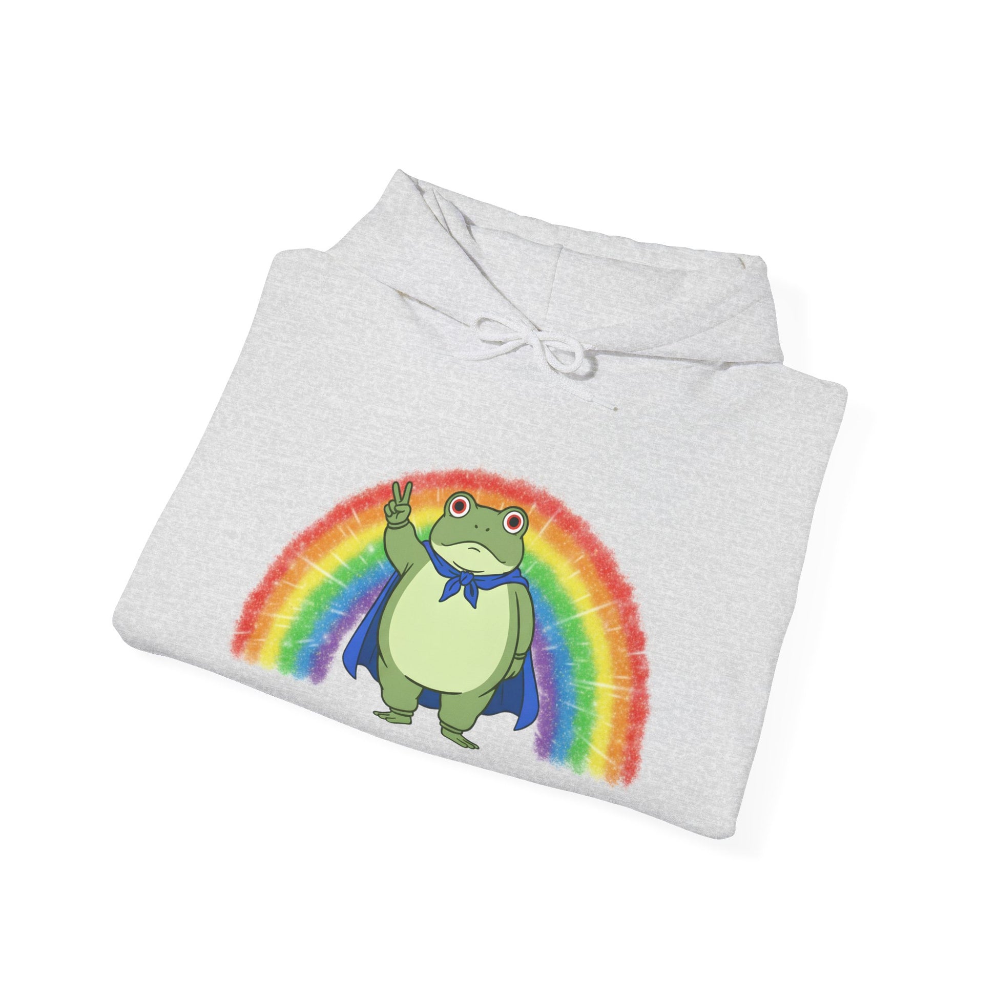 Folded gray hoodie with the Portland protest frog and Pride rainbow design by empowHER by Heidi