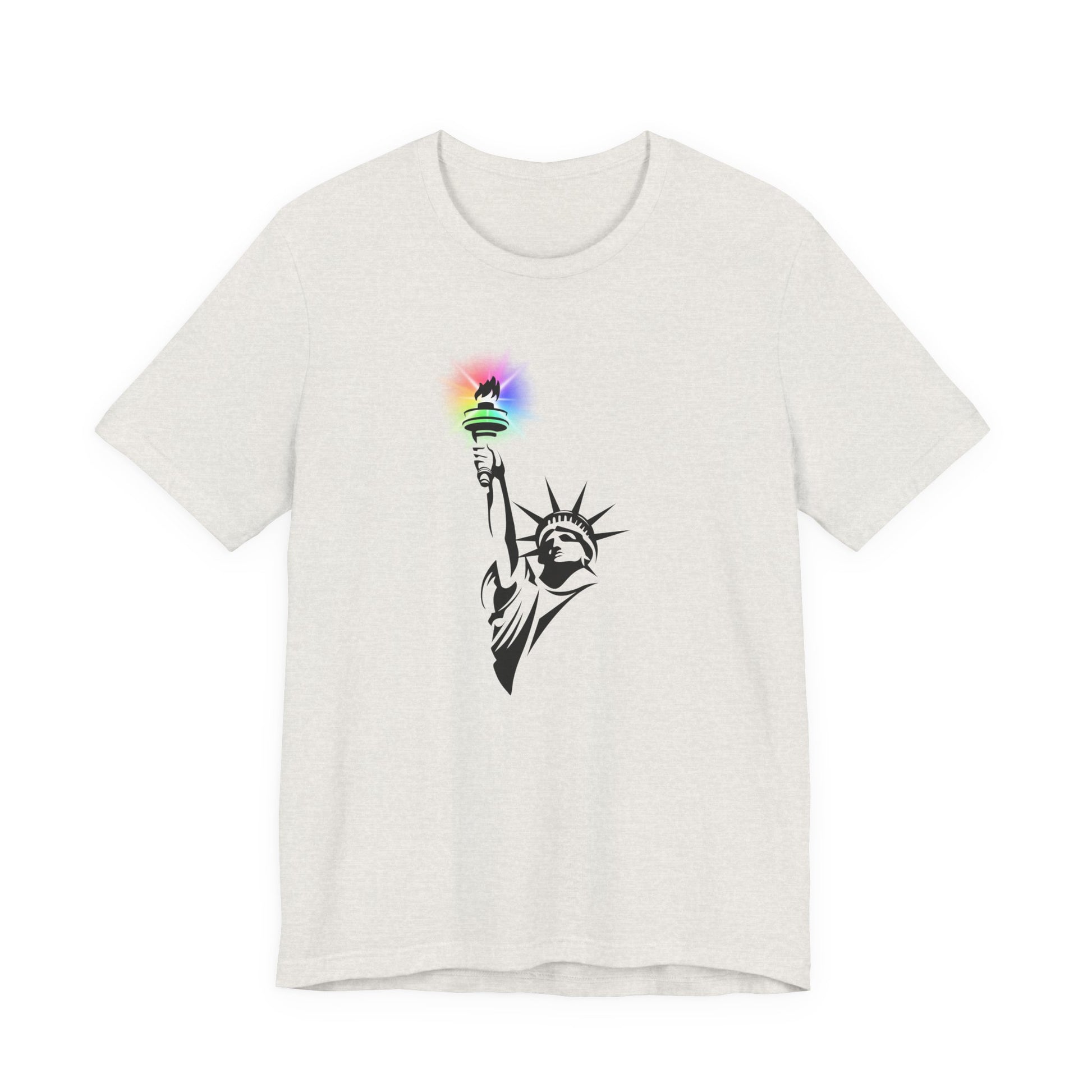 Heather cement t-shirt with the Statue of Liberty and rainbow Pride colors emitting from her torch by empowHER by Heidi