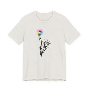 Heather cement t-shirt with the Statue of Liberty and rainbow Pride colors emitting from her torch by empowHER by Heidi