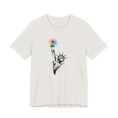 Heather cement t-shirt with the Statue of Liberty and rainbow Pride colors emitting from her torch by empowHER by Heidi