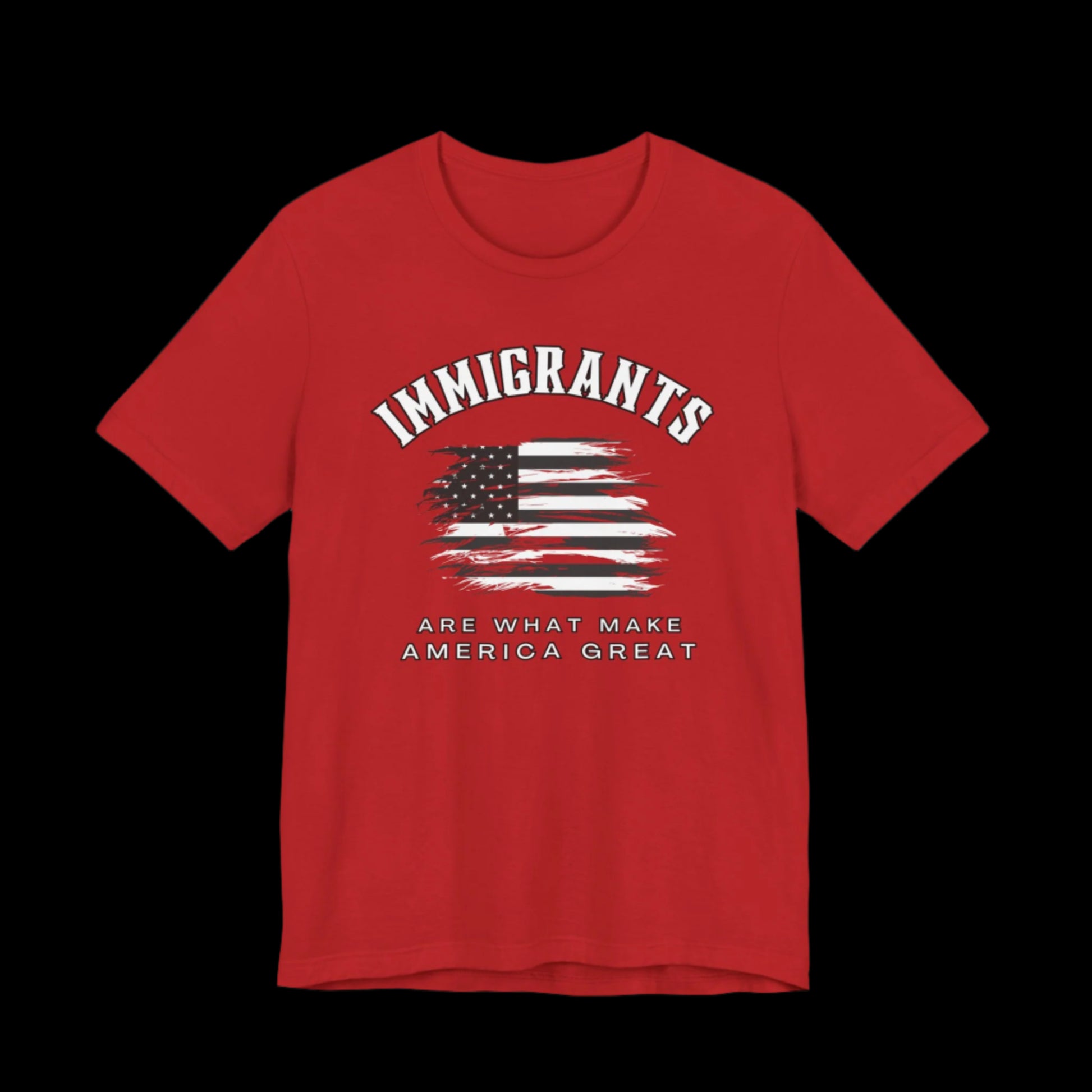 Red t-shirt with American flag graphic and text that says "Immigrants are what make America Great" on a black background