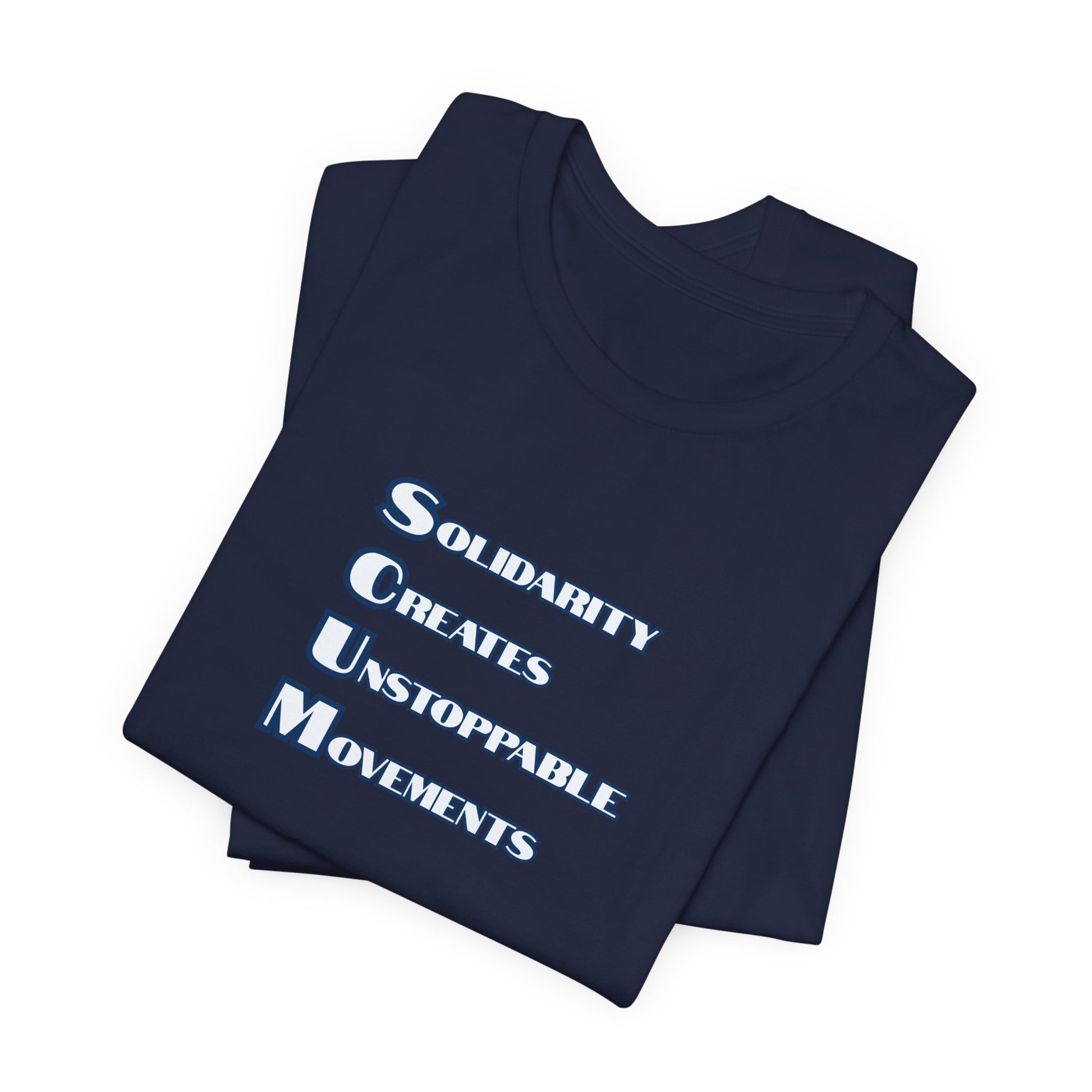 Folded navy blue t-shirt with blue text 'Solidarity Creates Unstoppable Movements' by empowHER by Heidi
