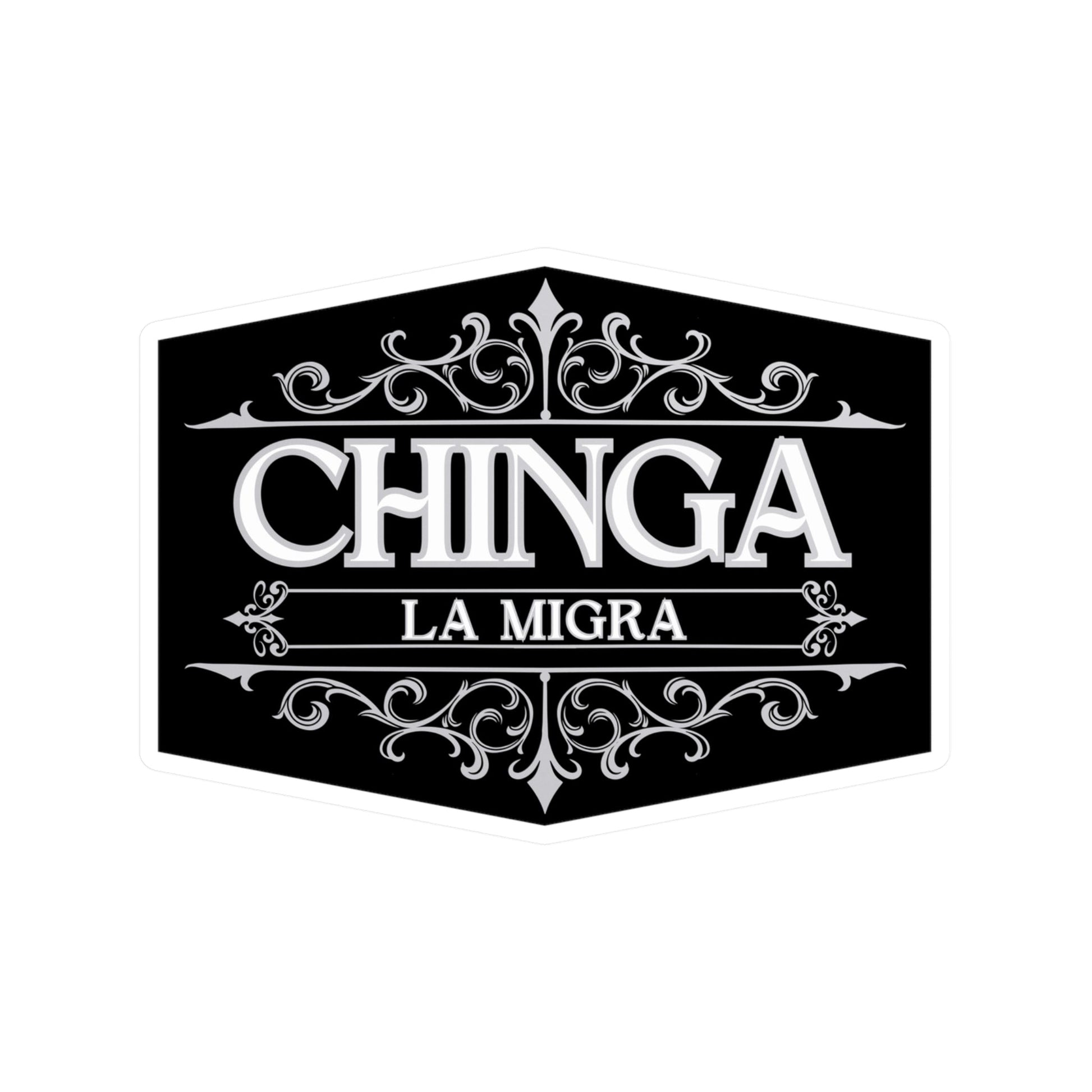Decorative sticker with 'CHINGA LA MIGRA' text on a black background by empowHER by Heidi